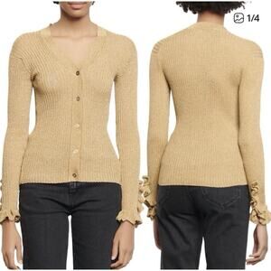 Sandro Women's Gold Shimmer Knit Long Sleeve Button Up Cardigan Ruffles-Size M